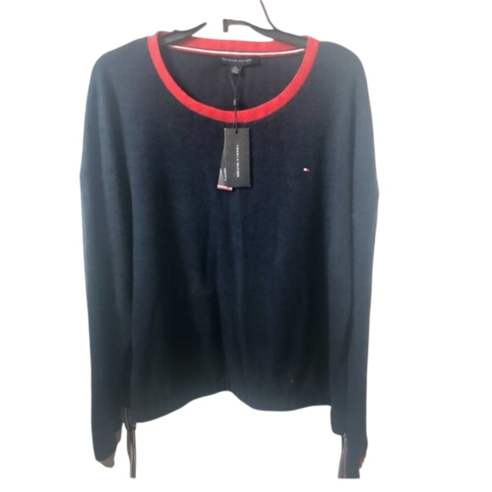 Tommy Hilfiger Navy Blue Signature Soft Relax Sweater Red White Blue Ribbon 2XL